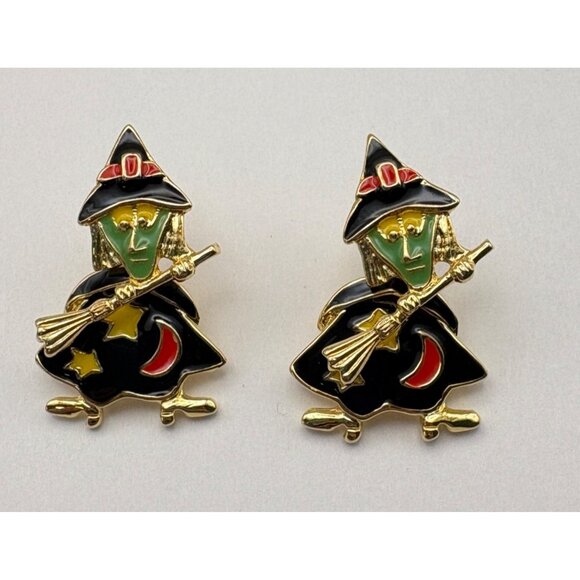 Halloween Witch Front Back Earrings Gold Tone Enamel Green Face Whimsical - Picture 6 of 6